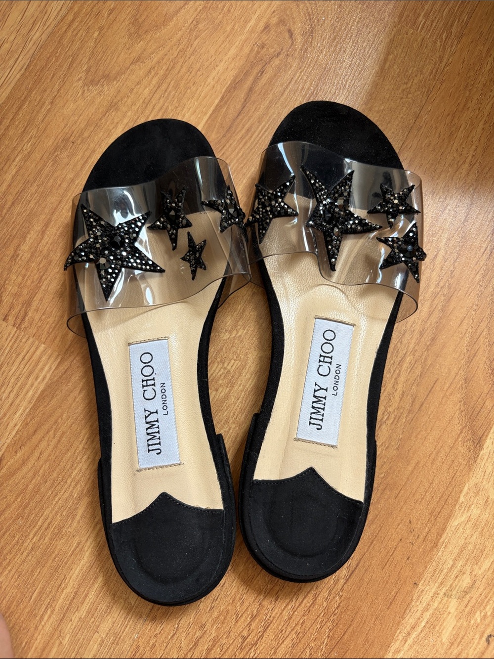 Jimmy Choo Black Suede Slides with Clear Star-Embellished Strap